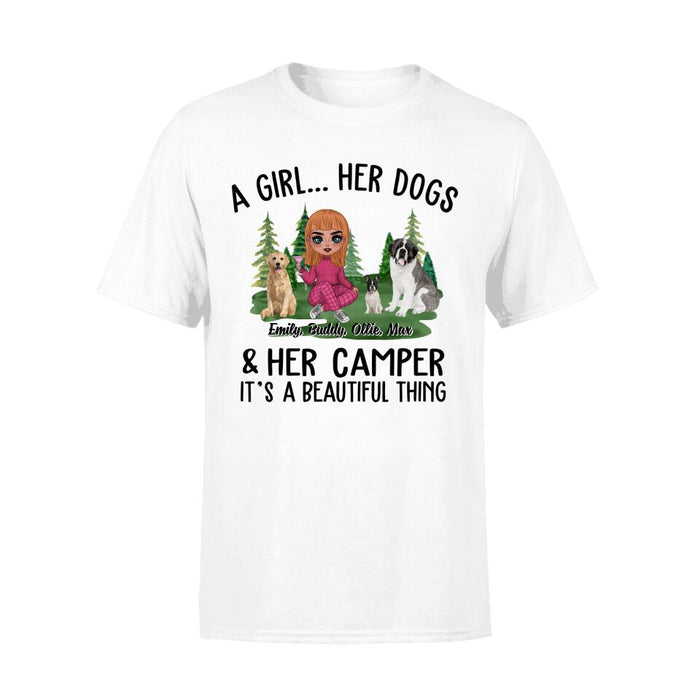 Camping Girl And Her Dogs - Personalized Shirt For Dog Lovers, Chibi, Camping