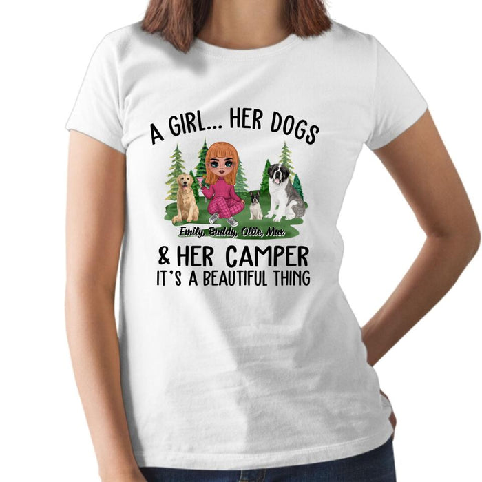 Camping Girl And Her Dogs - Personalized Shirt For Dog Lovers, Chibi, Camping