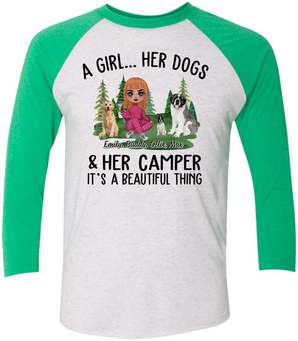 Camping Girl And Her Dogs - Personalized Shirt For Dog Lovers, Chibi, Camping