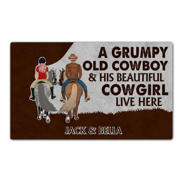 A Grumpy Old Cowboy & His Beautiful Cowgirl Live Here - Horse Personalized Gifts Custom Doormat for Couples