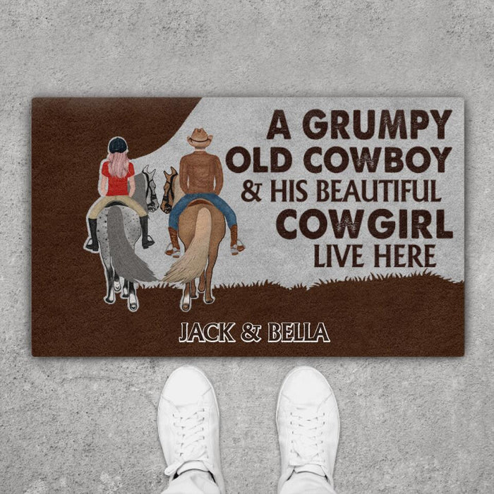 A Grumpy Old Cowboy & His Beautiful Cowgirl Live Here - Horse Personalized Gifts Custom Doormat for Couples