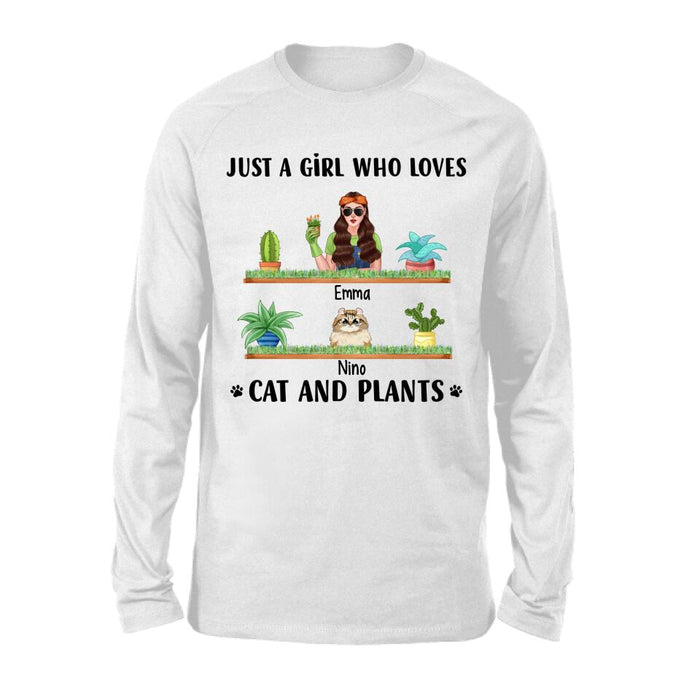 Just a Girl Who Loves Cats and Plants - Personalized Gifts Custom Gardener Shirt for Cat Mom, Gardeners Gifts