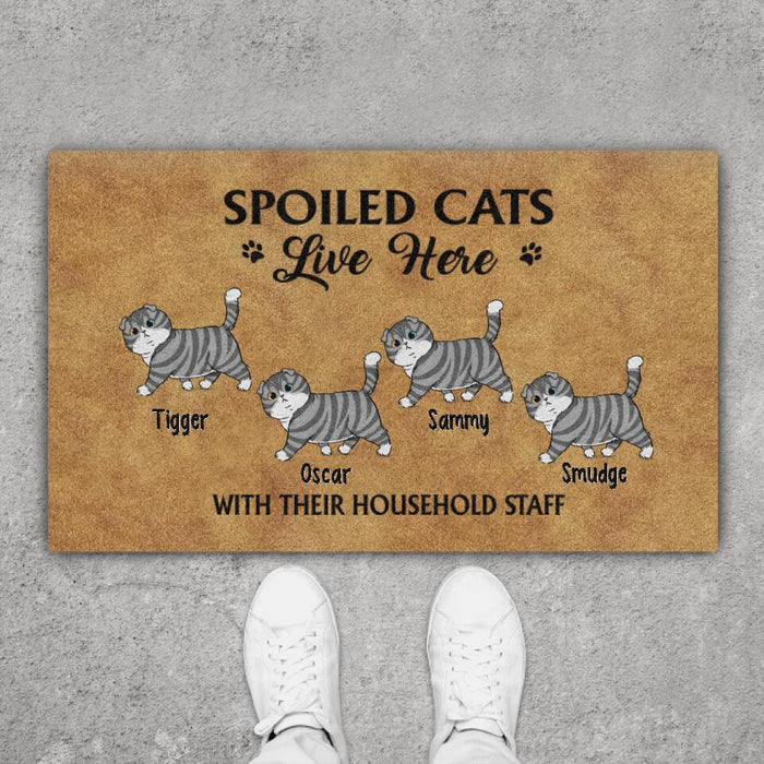 Spoiled Cats Live Here With Their Household Staff - Cat Personalized Gifts Custom Doormat For Family