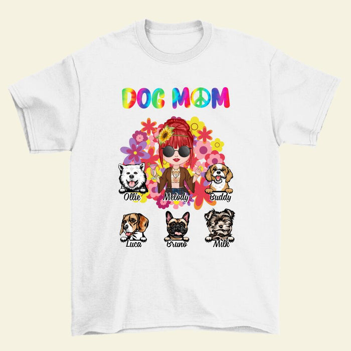 Up to 5 Dogs Hippie Dog Mom - Personalized Gifts Custom Dog Shirt for Dog Mom, Dog Lovers