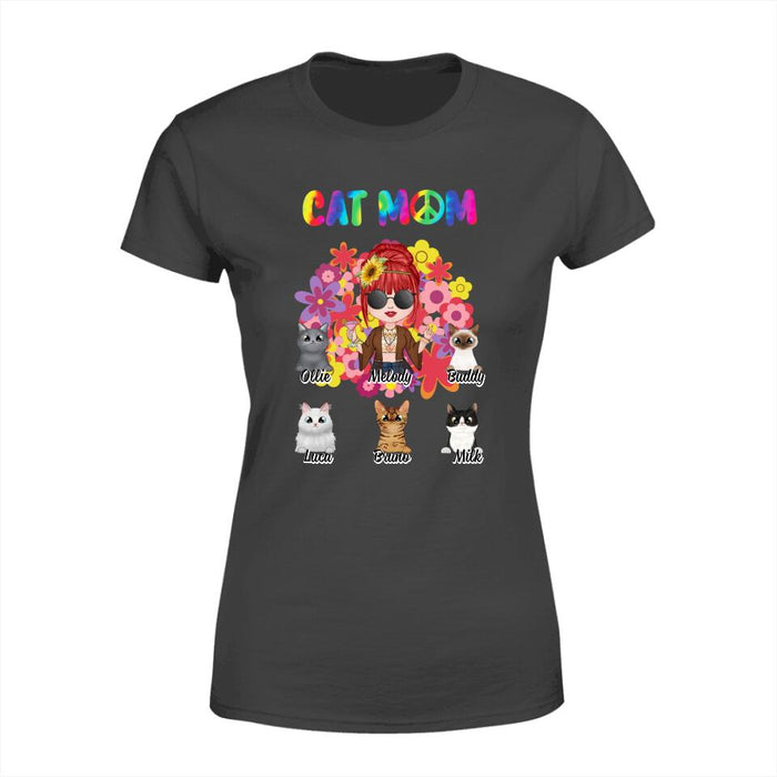 Up to 5 Cats Hippie Cat Mom - Personalized Gifts Custom Cat Shirt for Cat Mom, Cat Lovers