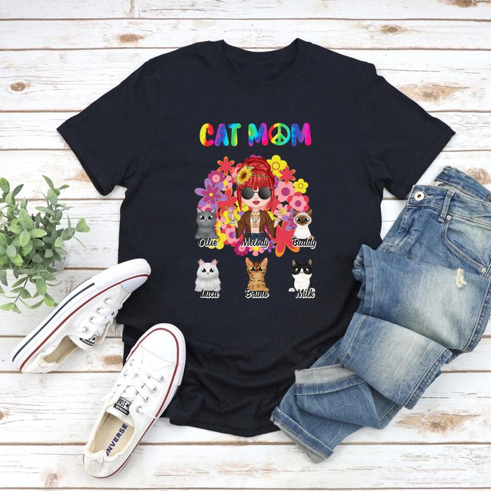 Up to 5 Cats Hippie Cat Mom - Personalized Gifts Custom Cat Shirt for Cat Mom, Cat Lovers