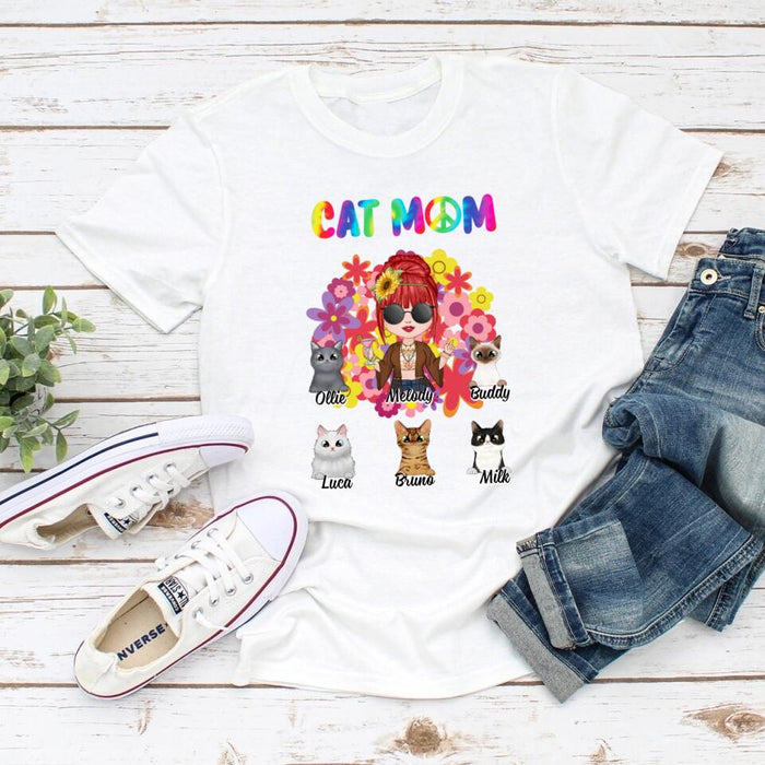 Up to 5 Cats Hippie Cat Mom - Personalized Gifts Custom Cat Shirt for Cat Mom, Cat Lovers