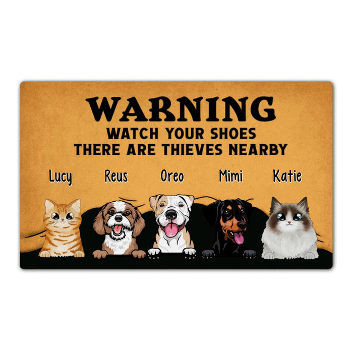 Warning There Are Pet Thieves Nearby - Cat Lovers, Dog Personalized Gifts Custom Doormat for Family