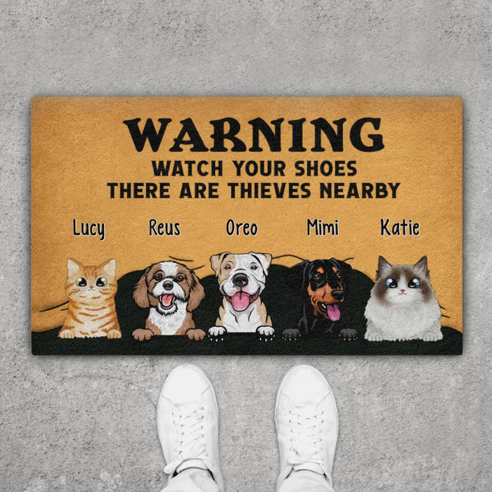 Warning There Are Pet Thieves Nearby - Cat Lovers, Dog Personalized Gifts Custom Doormat for Family