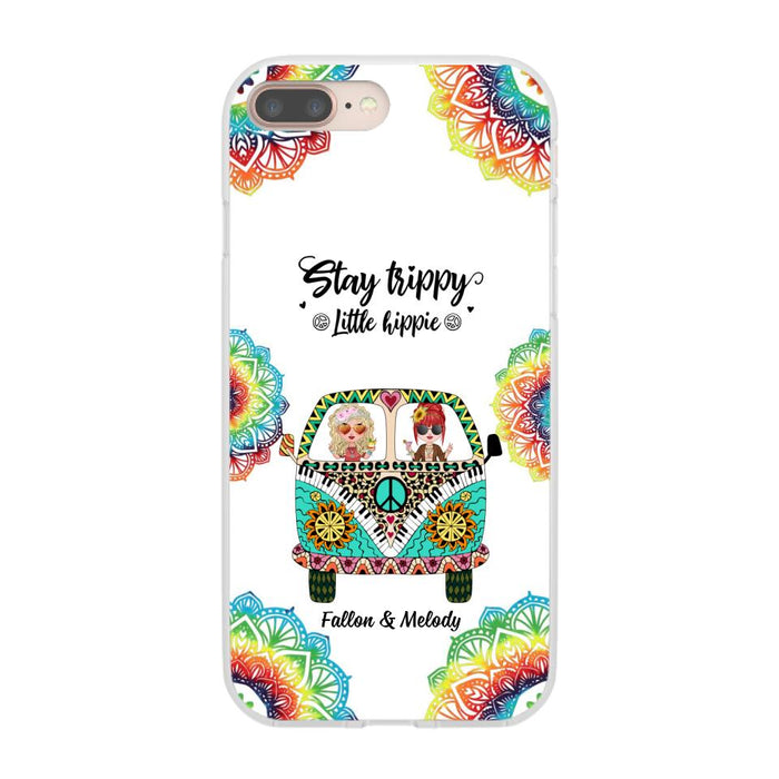 Up To 2 Chibi Stay Trippy Little Hippie - Personalized Phone Case For Her, Friends, Sisters, Hippie