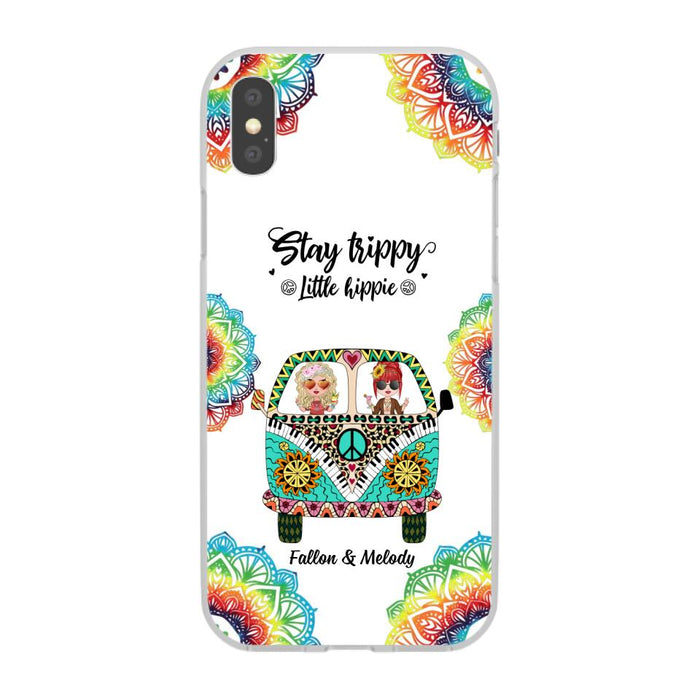 Up To 2 Chibi Stay Trippy Little Hippie - Personalized Phone Case For Her, Friends, Sisters, Hippie