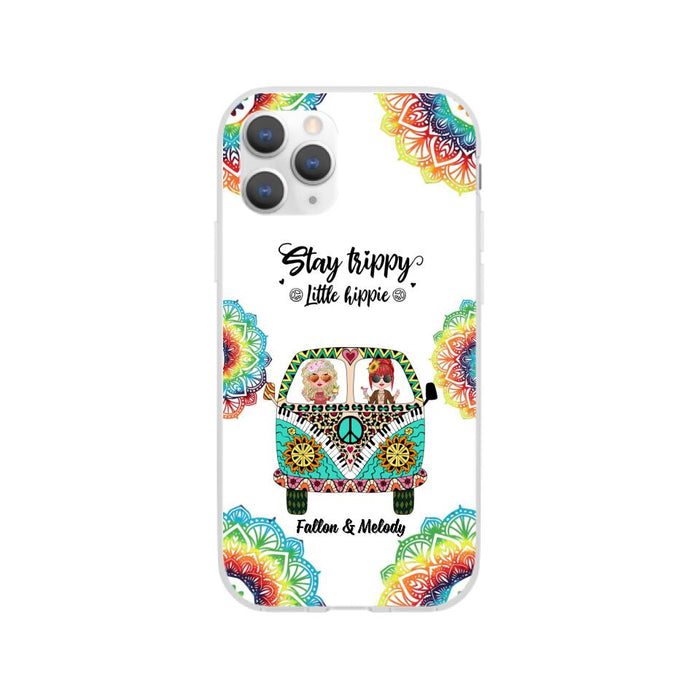 Up To 2 Chibi Stay Trippy Little Hippie - Personalized Phone Case For Her, Friends, Sisters, Hippie