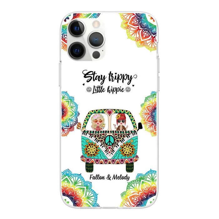 Up To 2 Chibi Stay Trippy Little Hippie - Personalized Phone Case For Her, Friends, Sisters, Hippie