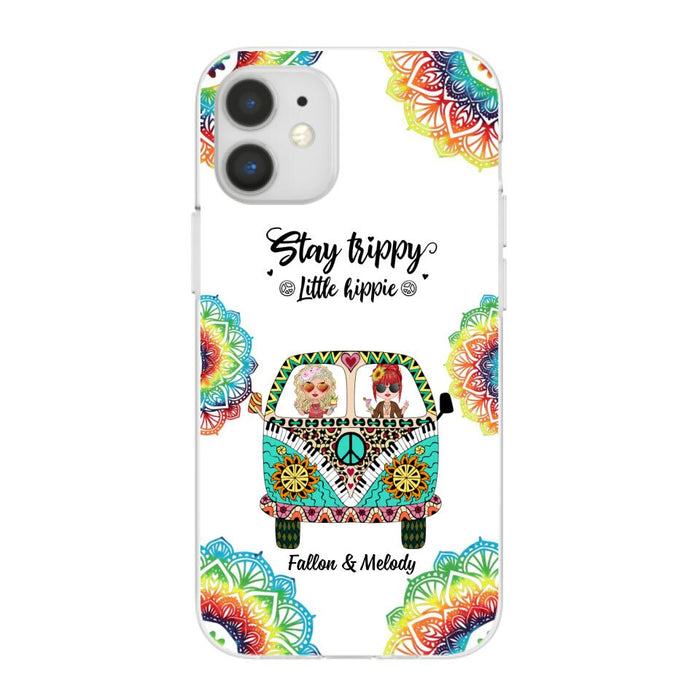 Up To 2 Chibi Stay Trippy Little Hippie - Personalized Phone Case For Her, Friends, Sisters, Hippie