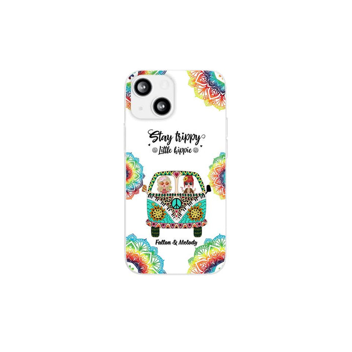 Up To 2 Chibi Stay Trippy Little Hippie - Personalized Phone Case For Her, Friends, Sisters, Hippie