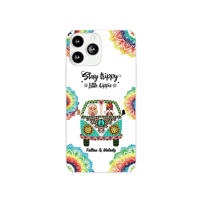 Up To 2 Chibi Stay Trippy Little Hippie - Personalized Phone Case For Her, Friends, Sisters, Hippie