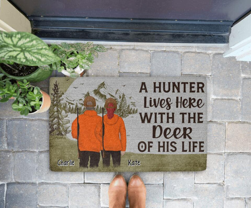 A Hunter Lives Here With the Deer of His Life - Hunting Personalized Gifts Custom Doormat for Couples