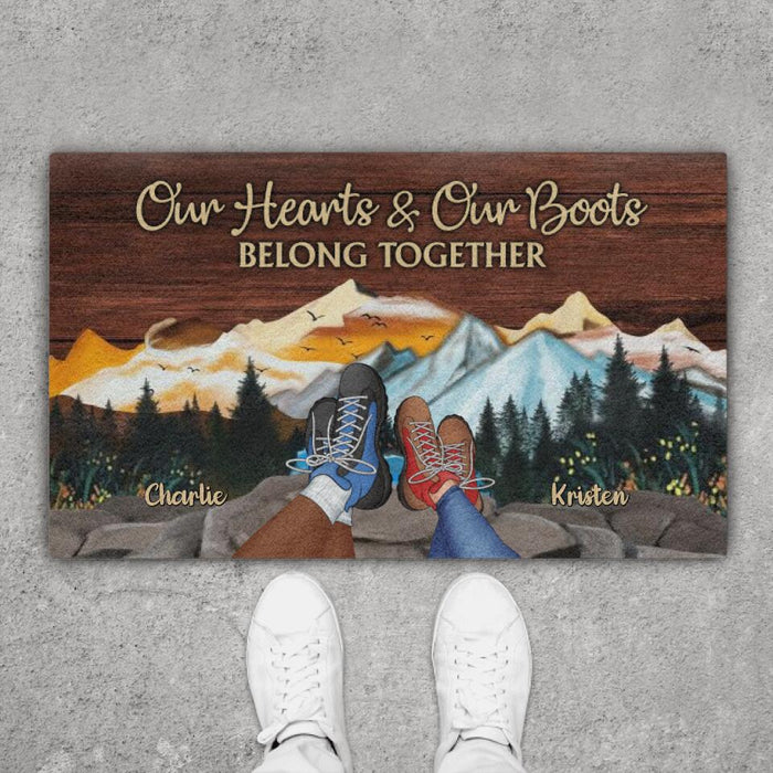 Our Hearts Our Boots Belong Together - Hiking Personalized Gifts Custom Doormat for Couples