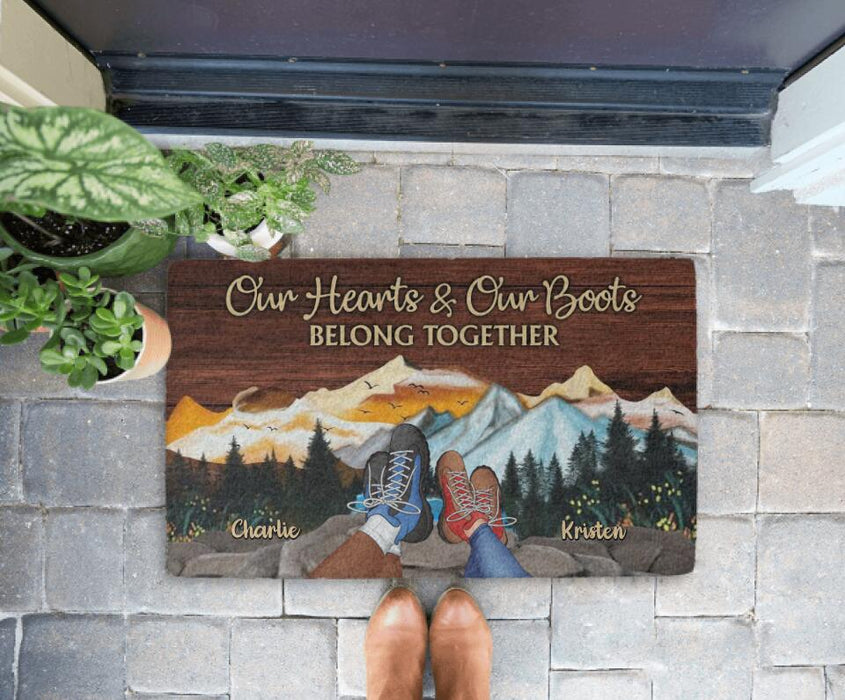 Our Hearts Our Boots Belong Together - Hiking Personalized Gifts Custom Doormat for Couples