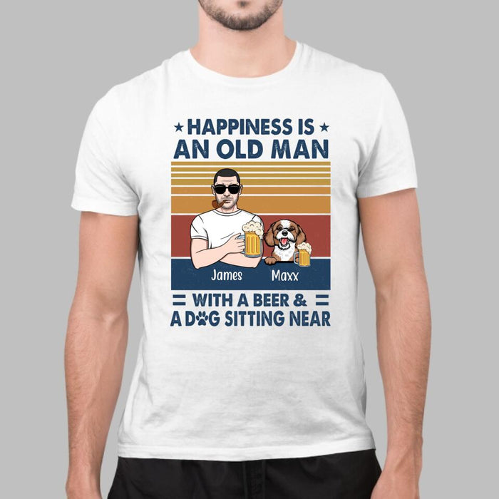 Happiness Is an Old Man with a Beer - Personalized Gifts Custom Dog Shirt for Dad, Dog Lovers