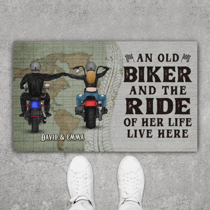 An Old Biker And The Ride Of Her Life Live Here - Personalized Doormat For Couples, Motorcycle Lovers