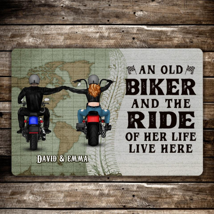 An Old Biker And The Ride Of Her Life Live Here - Personalized Doormat For Couples, Motorcycle Lovers