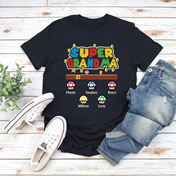 Super Grandma with Up to 5 Kids - Personalized Gifts Custom Gamer Shirt for Kids for Grandma, Gamer