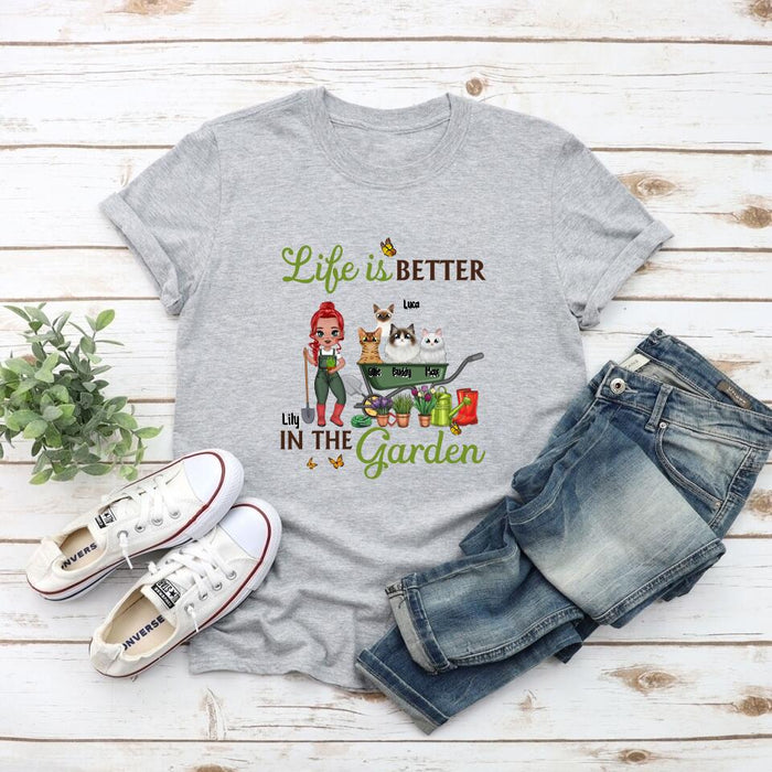 Old Chibi Up To 10 Cats Life Is Better In The Garden - Personalized Shirt For Him, Her, Cat Lovers, Gardener