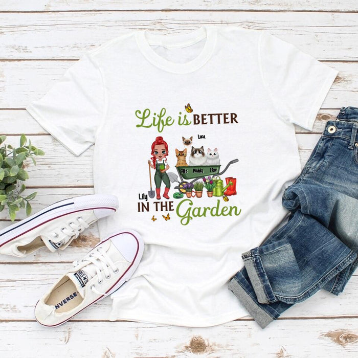 Old Chibi Up To 10 Cats Life Is Better In The Garden - Personalized Shirt For Him, Her, Cat Lovers, Gardener