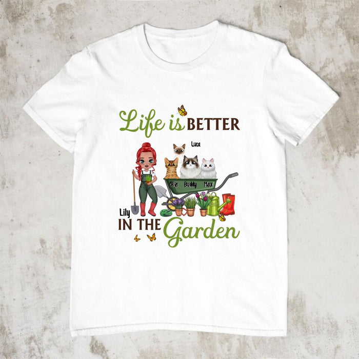 Old Chibi Up To 10 Cats Life Is Better In The Garden - Personalized Shirt For Him, Her, Cat Lovers, Gardener