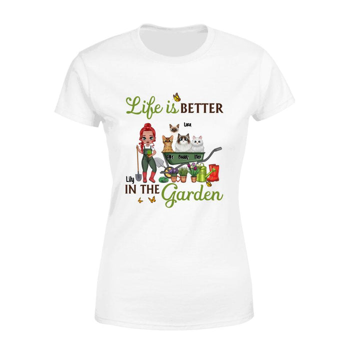 Old Chibi Up To 10 Cats Life Is Better In The Garden - Personalized Shirt For Him, Her, Cat Lovers, Gardener