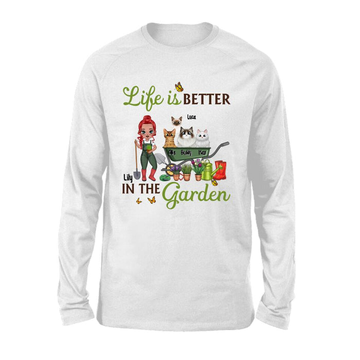 Old Chibi Up To 10 Cats Life Is Better In The Garden - Personalized Shirt For Him, Her, Cat Lovers, Gardener