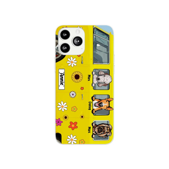 Dogs On Hippie Bus, Up To 3 Dogs - Personalized Phone Case For Hippie, Dog Lovers