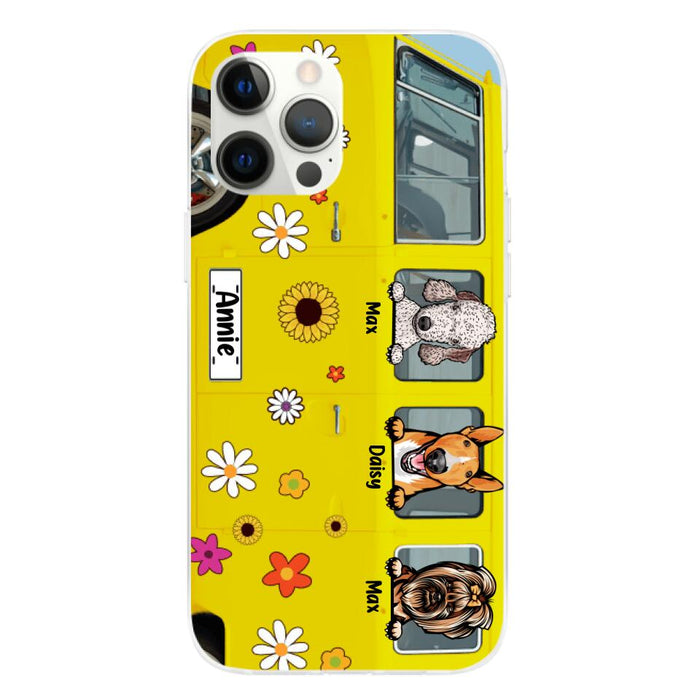 Dogs On Hippie Bus, Up To 3 Dogs - Personalized Phone Case For Hippie, Dog Lovers