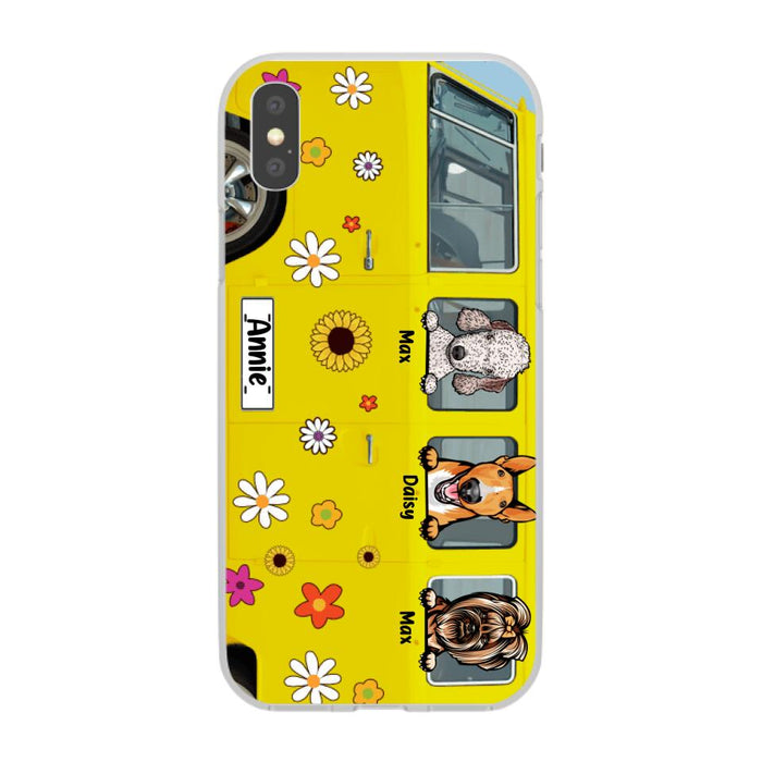 Dogs On Hippie Bus, Up To 3 Dogs - Personalized Phone Case For Hippie, Dog Lovers