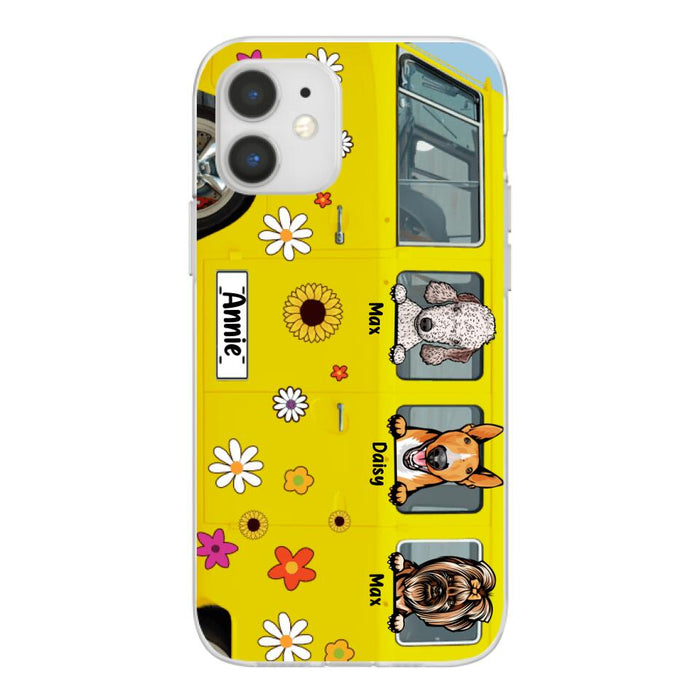 Dogs On Hippie Bus, Up To 3 Dogs - Personalized Phone Case For Hippie, Dog Lovers