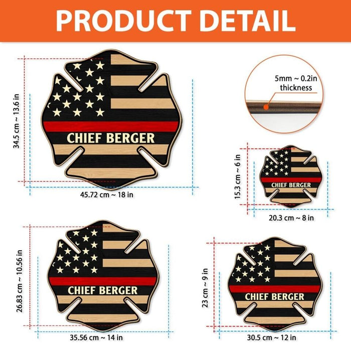 Firefighter US Flag Name - Personalized Shaped Wood Sign For Fireman, Red Line Firefighter