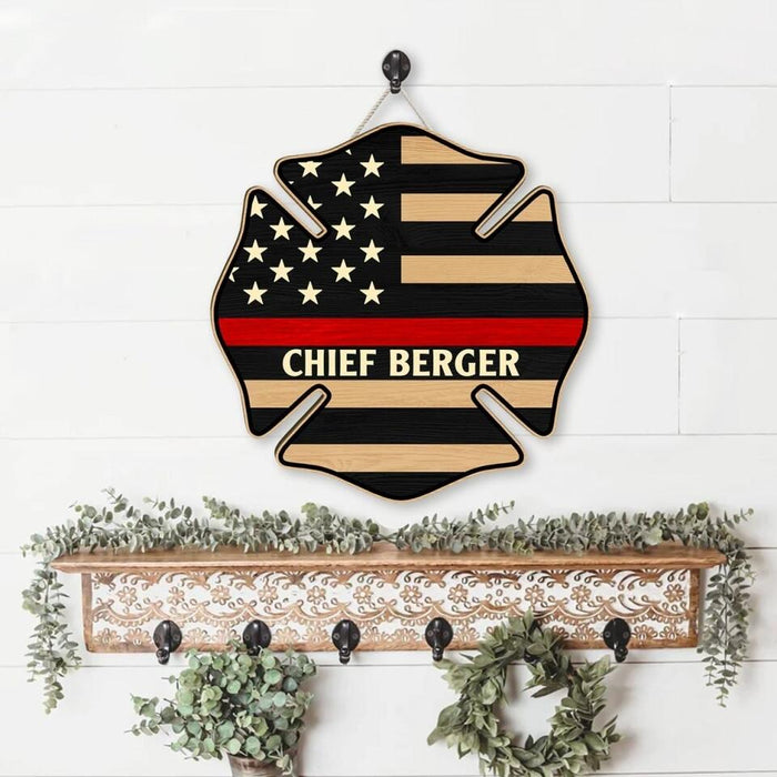 Firefighter US Flag Name - Personalized Shaped Wood Sign For Fireman, Red Line Firefighter