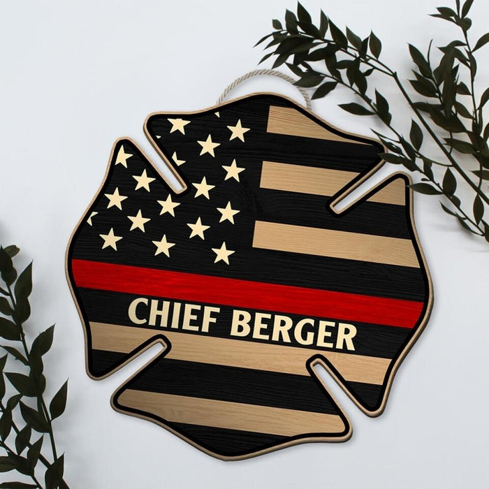 Firefighter US Flag Name - Personalized Shaped Wood Sign For Fireman, Red Line Firefighter