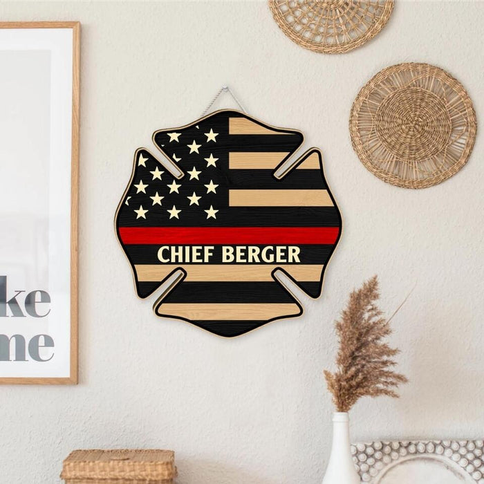 Firefighter US Flag Name - Personalized Shaped Wood Sign For Fireman, Red Line Firefighter