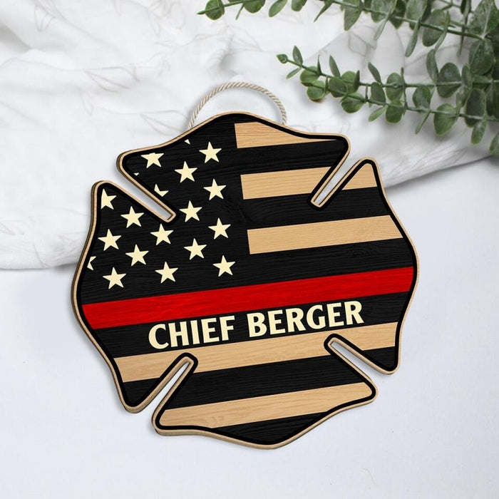 Firefighter US Flag Name - Personalized Shaped Wood Sign For Fireman, Red Line Firefighter