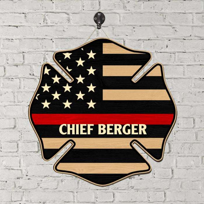 Firefighter US Flag Name - Personalized Shaped Wood Sign For Fireman, Red Line Firefighter