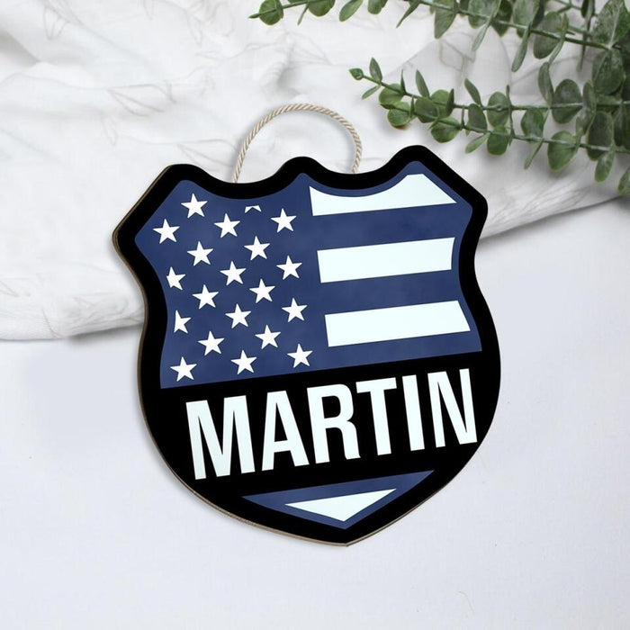 Badge Police Officer US Flag Name - Personalized Shaped Wood Sign For Policeman, Thin Blue Line