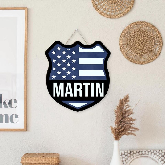 Badge Police Officer US Flag Name - Personalized Shaped Wood Sign For Policeman, Thin Blue Line