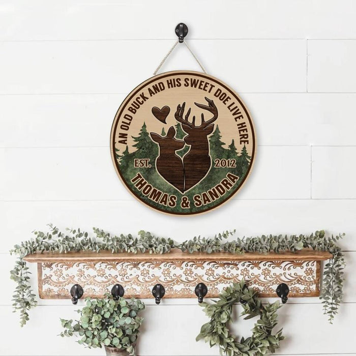 An Old Buck and His Sweet Doe Live Here - Personalized Gifts Custom Hunting Door Sign for Couples, Hunting Lovers