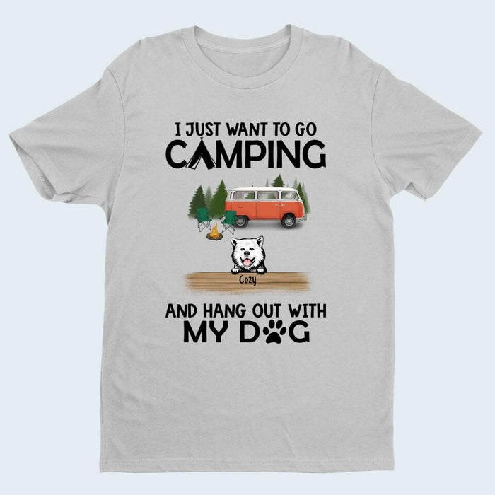 Personalized T-Shirt, Up to 6 Dogs, I Just Want To Go Camping and Hang Out With Dogs, Gift for Campers and Dog Lovers