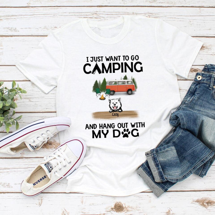 Personalized T-Shirt, Up to 6 Dogs, I Just Want To Go Camping and Hang Out With Dogs, Gift for Campers and Dog Lovers