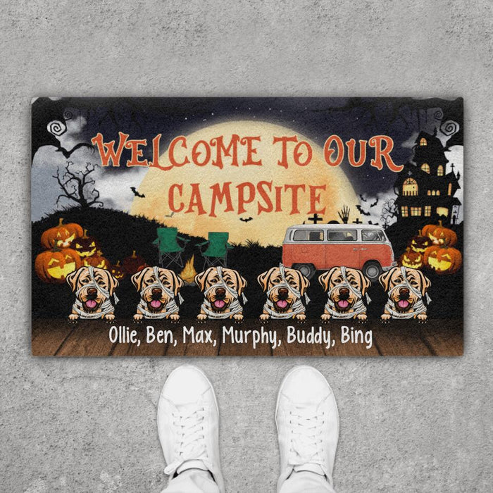 Welcome to Our Campsite - Halloween Personalized Gifts Custom Doormat for Camping and Dog Lovers