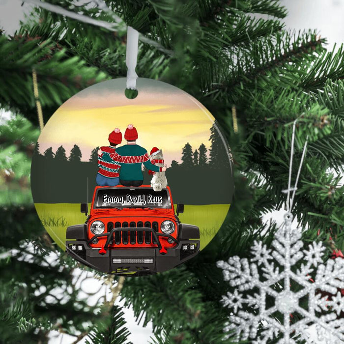 Personalized Ornament, Christmas Couple With Dog/Cat Sitting On Car, Christmas Gift For Couple, Car Lovers, Dog Lovers, Cat Lovers