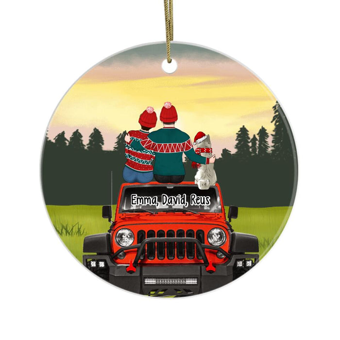 Personalized Ornament, Christmas Couple With Dog/Cat Sitting On Car, Christmas Gift For Couple, Car Lovers, Dog Lovers, Cat Lovers